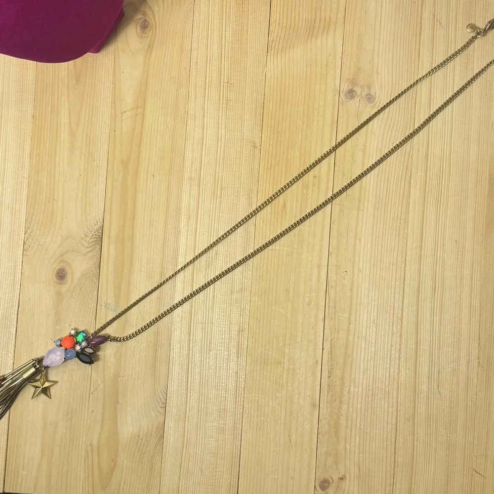 J.Crew Multicolor Gemstone Tassel Necklace Gold Tone Statement Boho Chic OS